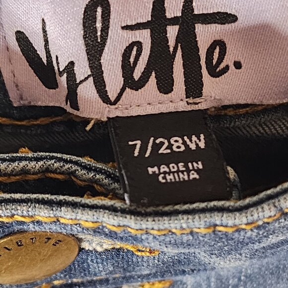 Vylette High Rise Skinny Jeans Distressed Denim Triple Button Waist Size 7 /28W - Picture 6 of 11